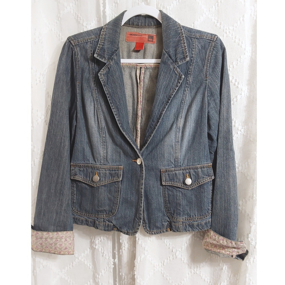 Mossimo Womens Denim Blazer Jacket Floral Lined Cuffs Medium Wash Blue Size L